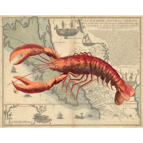 Lobster print on Nautical Map White Modern Wood Framed Art Print by Fab Funky