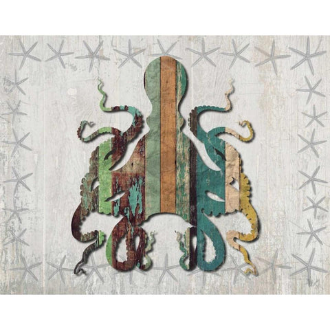 Distressed Wood Style Octopus 1 Gold Ornate Wood Framed Art Print with Double Matting by Fab Funky