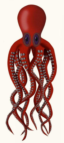 Giant Octopus Red Black Ornate Wood Framed Art Print with Double Matting by Fab Funky