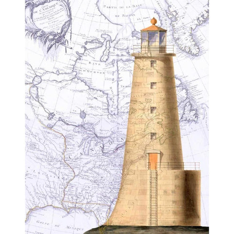 Lighthouse on Vintage Map Image Black Modern Wood Framed Art Print with Double Matting by Fab Funky