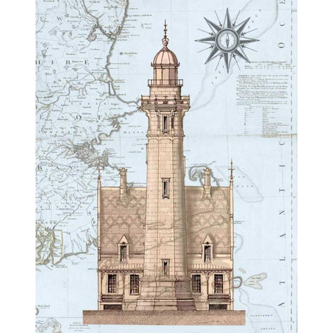 Lighthouse and House on Nautical Map Gold Ornate Wood Framed Art Print with Double Matting by Fab Funky