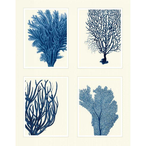 Blue Coral Print on 4 Panels White Modern Wood Framed Art Print by Fab Funky