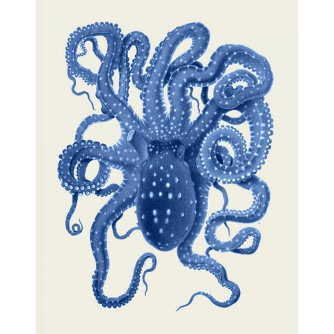 Blue Octopus on Cream a Gold Ornate Wood Framed Art Print with Double Matting by Fab Funky