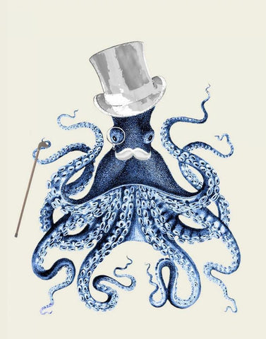 Blue Octopus on Cream b White Modern Wood Framed Art Print with Double Matting by Fab Funky