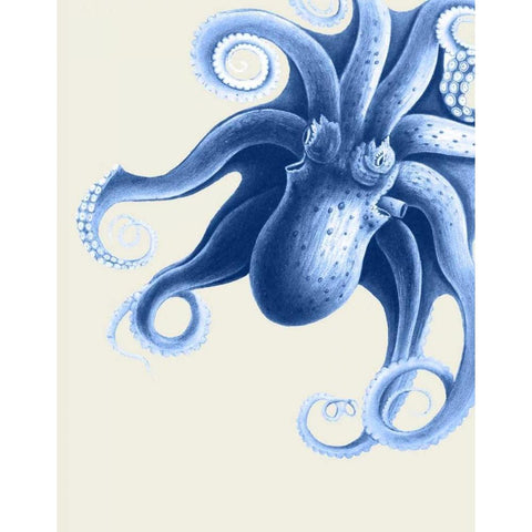 Blue Octopus on Cream f Gold Ornate Wood Framed Art Print with Double Matting by Fab Funky