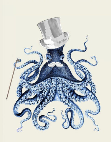 Octopus Print Blue on Cream b Black Ornate Wood Framed Art Print with Double Matting by Fab Funky