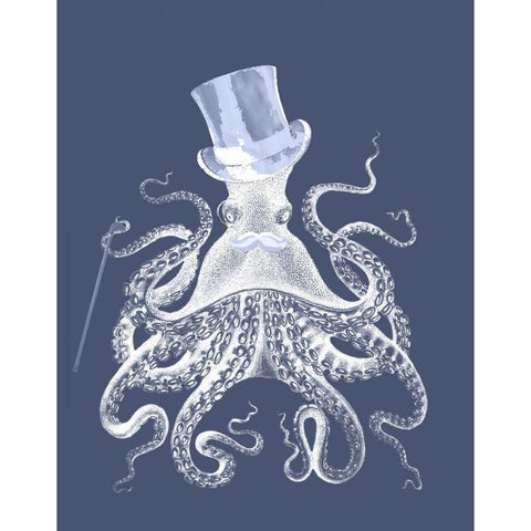 White Octopus on Indigo Blue b White Modern Wood Framed Art Print by Fab Funky