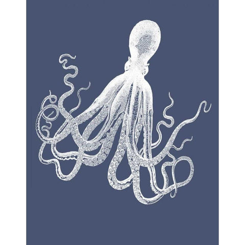 White Octopus on Indigo Blue e White Modern Wood Framed Art Print by Fab Funky