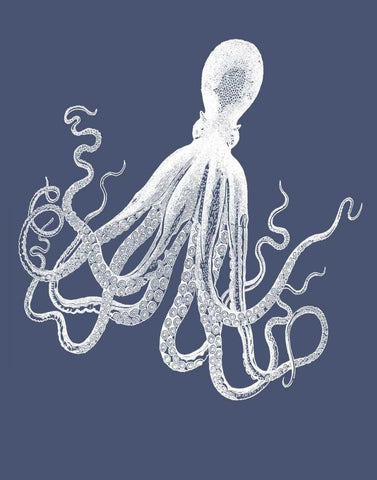 White Octopus on Indigo Blue e White Modern Wood Framed Art Print with Double Matting by Fab Funky