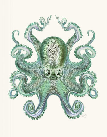 Turquoise Octopus and Squid a Black Ornate Wood Framed Art Print with Double Matting by Fab Funky