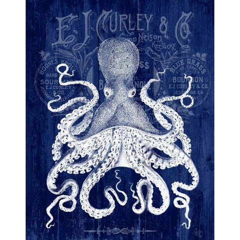 Octopus Prohibition Octopus On Blue Gold Ornate Wood Framed Art Print with Double Matting by Fab Funky