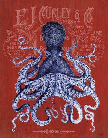 Octopus Prohibition Octopus On Red Black Ornate Wood Framed Art Print with Double Matting by Fab Funky