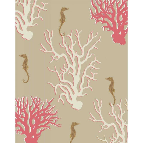 Coral and Seahorse in Beige Gold Ornate Wood Framed Art Print with Double Matting by Fab Funky