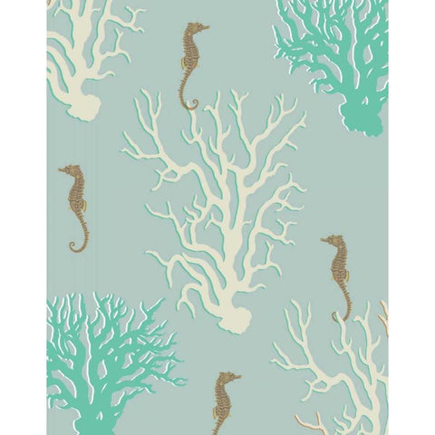 Coral and Seahorse in Seafoam Black Modern Wood Framed Art Print with Double Matting by Fab Funky