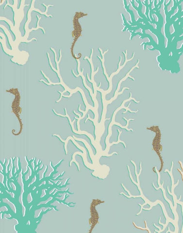 Coral and Seahorse in Seafoam Black Ornate Wood Framed Art Print with Double Matting by Fab Funky