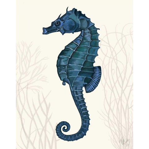 Blue Seahorses on Cream b Gold Ornate Wood Framed Art Print with Double Matting by Fab Funky