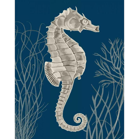 Silver Grey Seahorses on Blue a Gold Ornate Wood Framed Art Print with Double Matting by Fab Funky