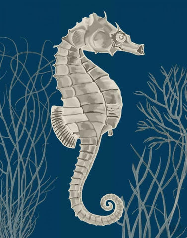 Silver Grey Seahorses on Blue a Black Ornate Wood Framed Art Print with Double Matting by Fab Funky