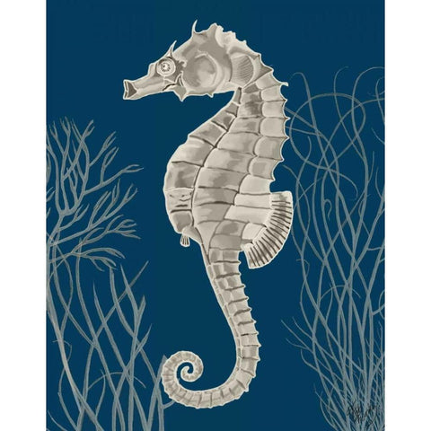 Silver Grey Seahorses on Blueb White Modern Wood Framed Art Print by Fab Funky