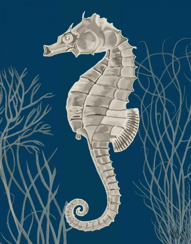 Silver Grey Seahorses on Blueb White Modern Wood Framed Art Print with Double Matting by Fab Funky