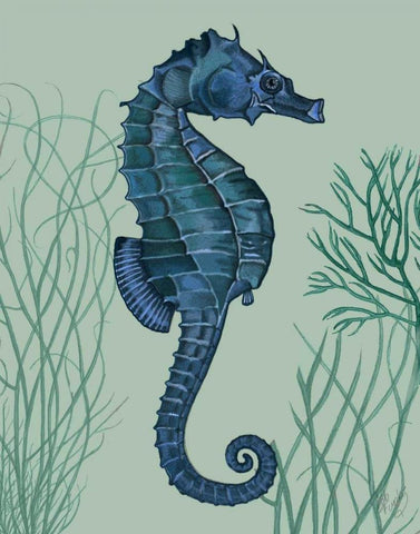 Blue Seahorses on Light Green Sage a Black Ornate Wood Framed Art Print with Double Matting by Fab Funky