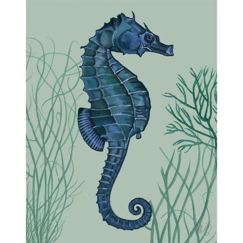 Blue Seahorses on Light Green Sage a Gold Ornate Wood Framed Art Print with Double Matting by Fab Funky