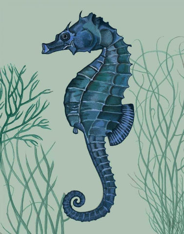 Blue Seahorses on Light Green Sage b Black Ornate Wood Framed Art Print with Double Matting by Fab Funky