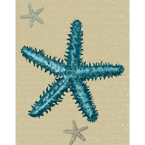 Blue Starfish on Taupe b Gold Ornate Wood Framed Art Print with Double Matting by Fab Funky