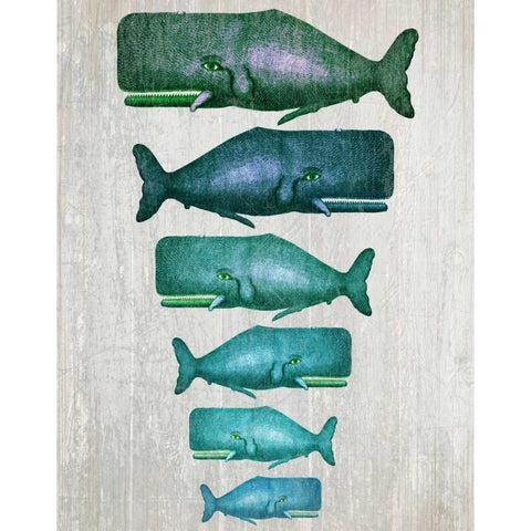 Whale Family Green on White White Modern Wood Framed Art Print by Fab Funky