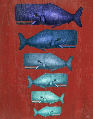 Whale Family Blue on Red White Modern Wood Framed Art Print with Double Matting by Fab Funky