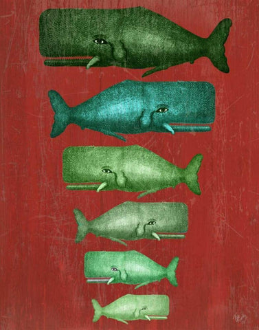 Whale Family Green on Red White Modern Wood Framed Art Print with Double Matting by Fab Funky