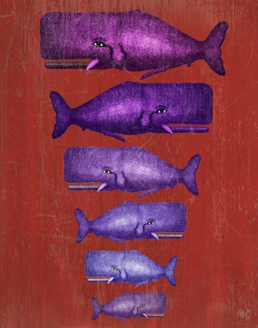 Whale Family Purple on Red Black Ornate Wood Framed Art Print with Double Matting by Fab Funky