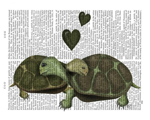 Turtles and Green Hearts Black Ornate Wood Framed Art Print with Double Matting by Fab Funky