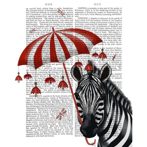 Zebra with Umbrella 1, Sideways Black Modern Wood Framed Art Print by Fab Funky