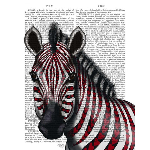 Zebra, Red Love Hearts Gold Ornate Wood Framed Art Print with Double Matting by Fab Funky