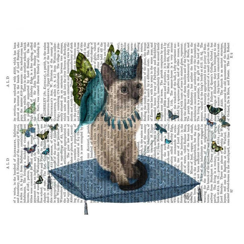 Cat on Pillow with Butterflies Black Modern Wood Framed Art Print with Double Matting by Fab Funky