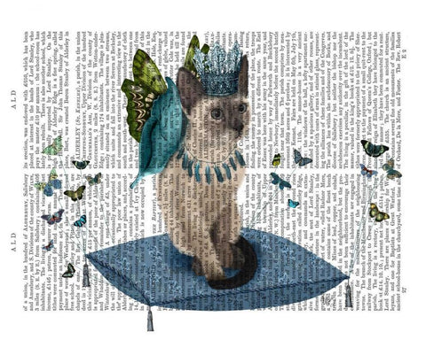 Cat on Pillow with Butterflies White Modern Wood Framed Art Print with Double Matting by Fab Funky