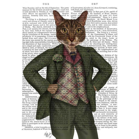 Cat in Tartan Waistcoat Black Modern Wood Framed Art Print by Fab Funky