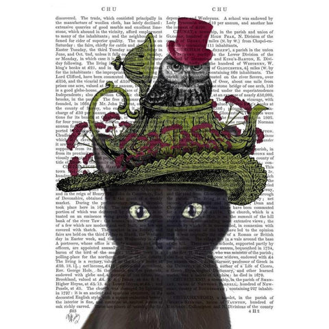 Black Cat with Teapot and Owl Black Modern Wood Framed Art Print with Double Matting by Fab Funky