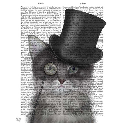 Cat, Grey with Top Hat Black Modern Wood Framed Art Print with Double Matting by Fab Funky