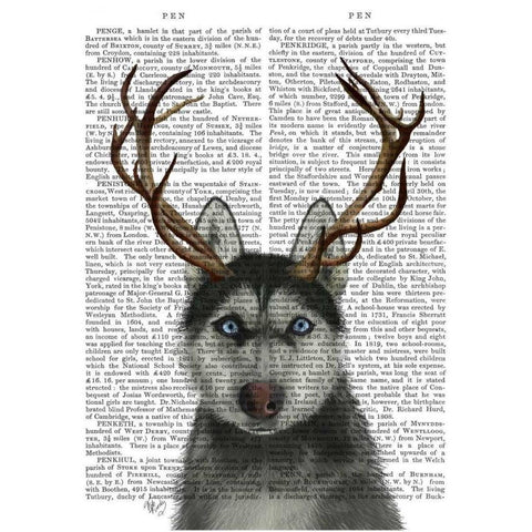 Husky and Antlers White Modern Wood Framed Art Print by Fab Funky