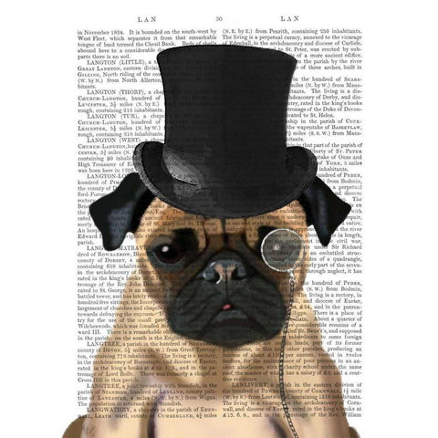 Pug, Formal Hound and Hat White Modern Wood Framed Art Print by Fab Funky