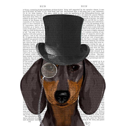 Dachshund, Formal Hound and Hat White Modern Wood Framed Art Print by Fab Funky