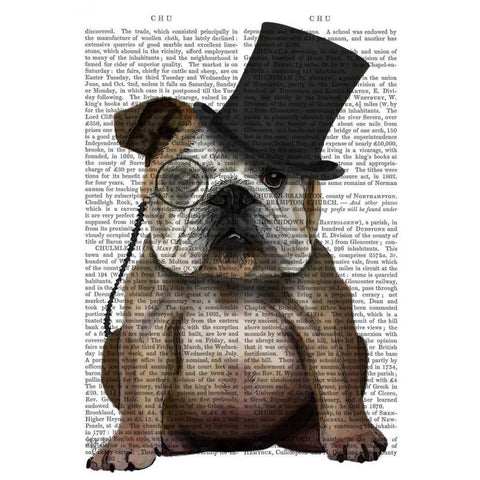 English Bulldog, Formal Hound and Hat White Modern Wood Framed Art Print by Fab Funky