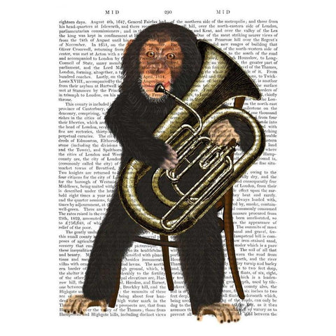 Chimp Playing Tuba Gold Ornate Wood Framed Art Print with Double Matting by Fab Funky