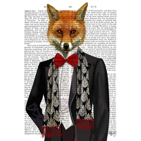 Fox with Red Bow Tie White Modern Wood Framed Art Print by Fab Funky