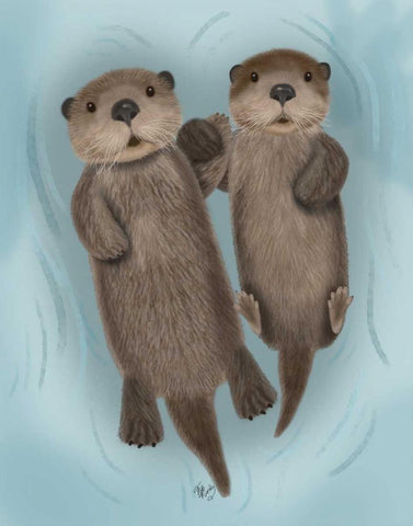 Otters Holding Hands Black Ornate Wood Framed Art Print with Double Matting by Fab Funky