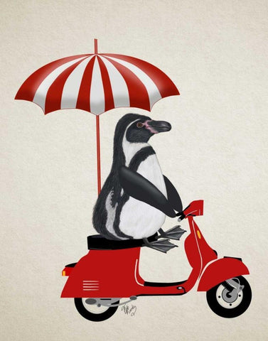 Penguin On Red Moped Black Ornate Wood Framed Art Print with Double Matting by Fab Funky