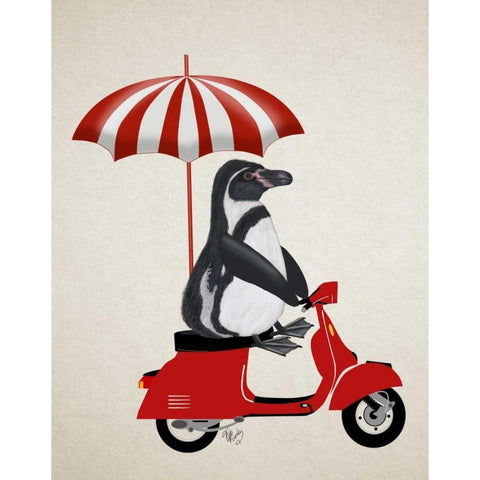 Penguin On Red Moped Gold Ornate Wood Framed Art Print with Double Matting by Fab Funky