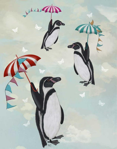 Floating Penguins White Modern Wood Framed Art Print with Double Matting by Fab Funky